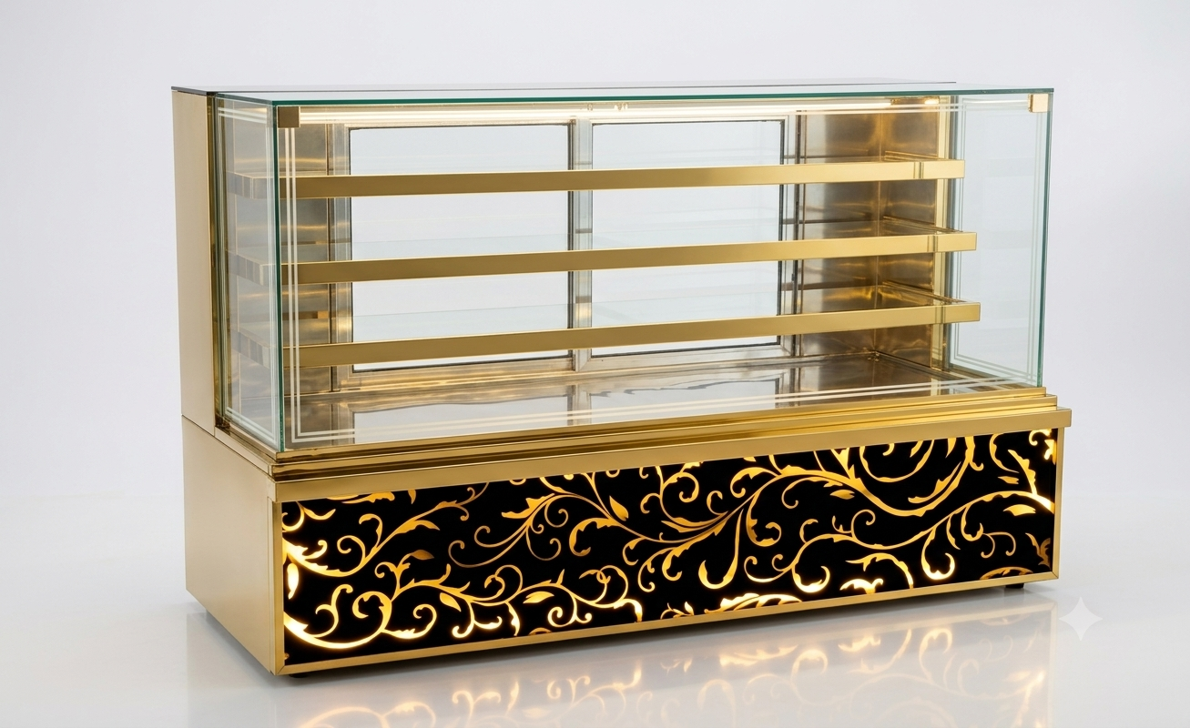 Premium Straight Glass Display Counter – 3 Tier in Golden Steel